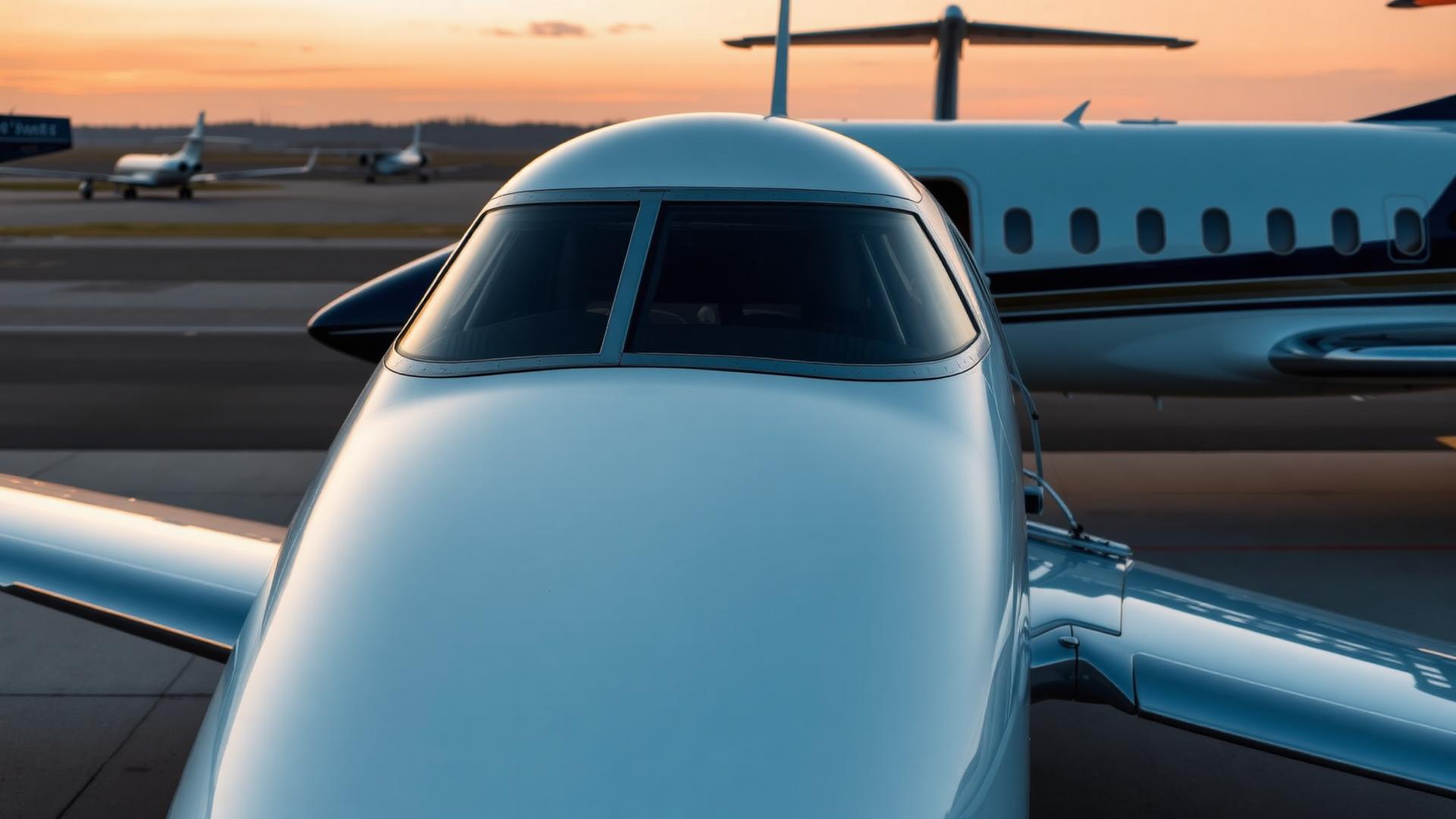 Private jet on tarmac at dusk awaiting aircraft detailing service